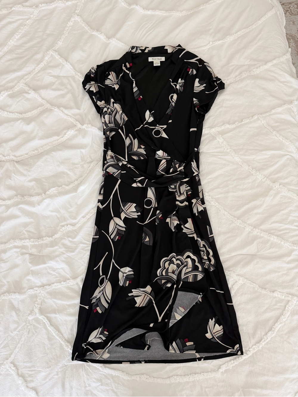 White House Black Market Black Floral Wrap-Style Dress with Cream Accents